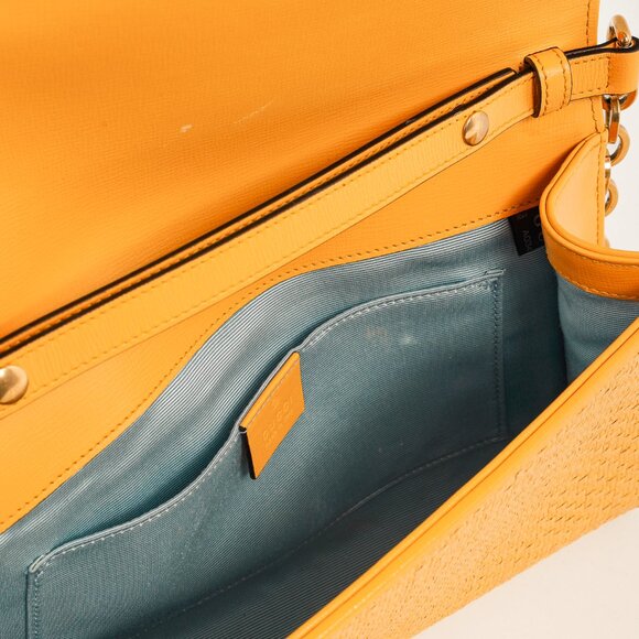 Gucci Horsebit 1955 Yellow Raffia Leather-Trimmed Shoulder Bag - Picture 10 of 13